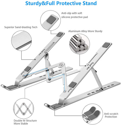 Laptop Stand for Desk, Ergonomic Design Adjustable Aluminum Foldable Portable Computer Stand, Compatible with MacBook Air Pro, HP, Lenovo, Dell, More 10-15.6”Inch and Tablets (Silver)