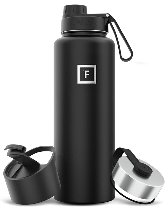 IRON °FLASK Camping & Hiking Hydration Flask with 3 Lids - Stainless Steel, Double Walled & Vacuum Insulated Water Bottle - Leak Proof & BPA Free (Midnight Black, Spout - 40 oz)