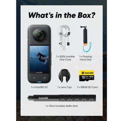 Insta360 X3 Invisible Dive Kit - Waterproof 5.7K 360 Action Camera, Dive Case, Selfie Stick, Dual 1/2" 48MP Sensors, Stabilization, 360 Horizon Lock, 4K Single-Lens, AI Editing
