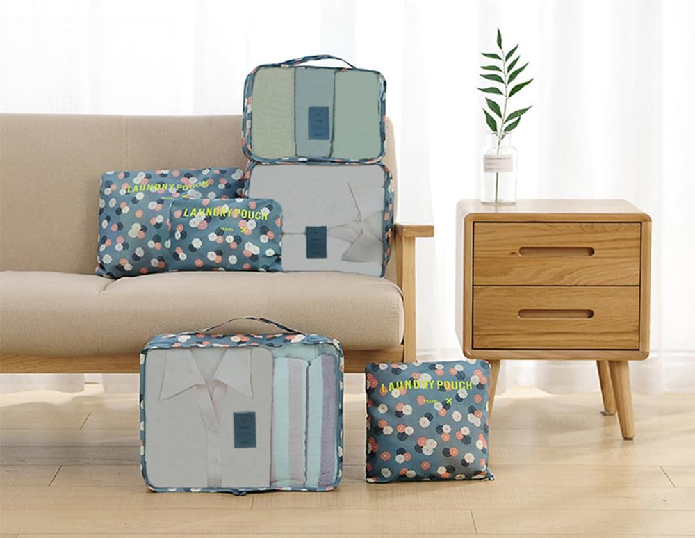 Laebevon 6 PCS Packing Cubes,Multi-functional Clothing Sorting Packages,Travel Carry On Luggage Organizers Storage Bags,Travel Packing Pouches, Blue Flower