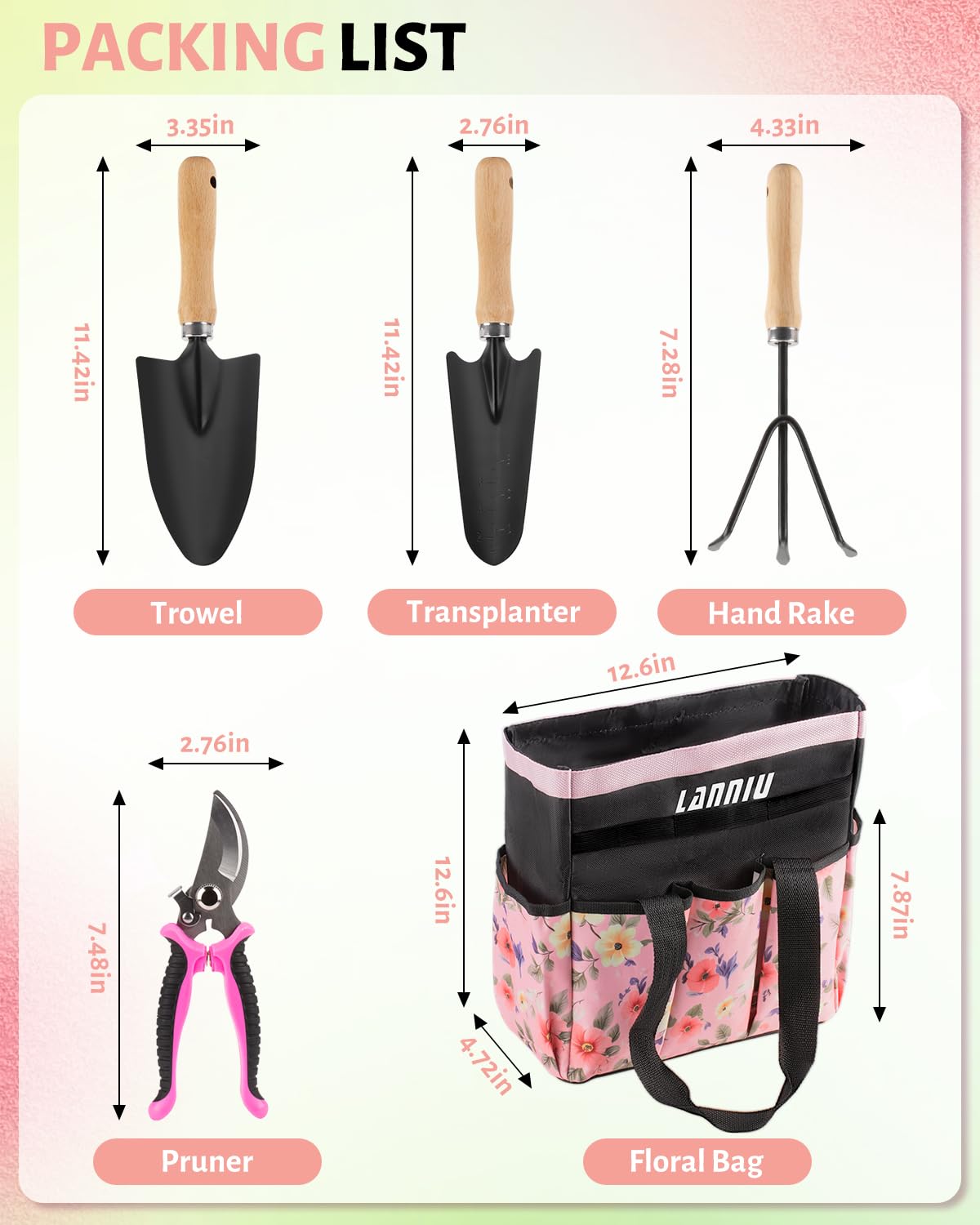 LANNIU Pink Gardening Tools, Garden Tool Set for Women,5 Piece Womens Gardening Kit with Floral Garden Bag,Gifts for Wife (5-Piece Pink)
