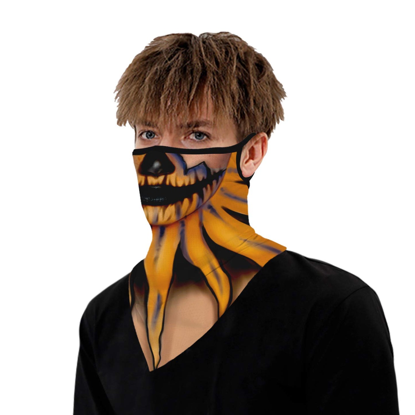 YAYOUREL Halloween Scary Mask Halloween Masks for Adults Skull Pumpkin Skeleton Neck Gaiter Face Mask Covering Ear Loop Hole Triangle Bandanas for Men Women UV Face Scarf Mask Cover Black Yellow