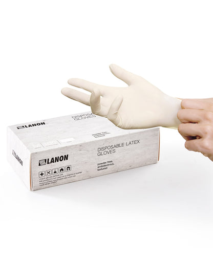 LANON 5 mil Latex Disposable Gloves, Food-Contact Grade, Powder-Free, Fully Textured, White, Large