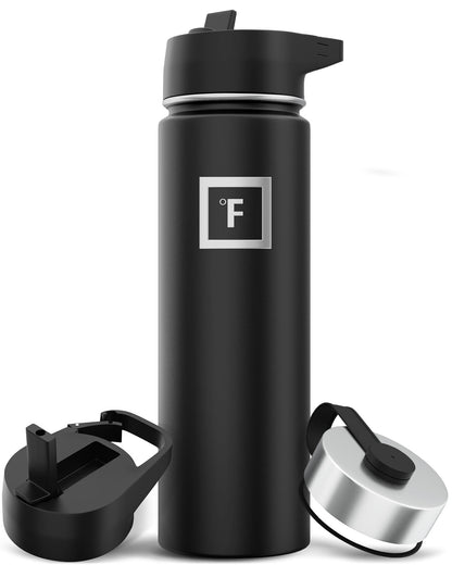 IRON °FLASK Camping & Hiking Hydration Flask with 3 Lids - Stainless Steel, Double Walled & Vacuum Insulated Water Bottle - Leak Proof & BPA Free (Midnight Black, Straw - 22 oz)