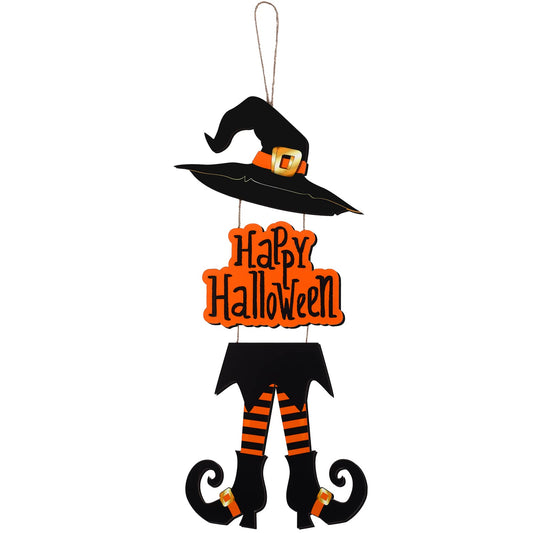 Yerliker Halloween Happy Sign Decoration Witch Legs Hat Hanging Wooden Wall Decor Version Rustic Front Door Hanger Fall Art Ornament for Home Room Indoor Outdoor Holiday Party(Orange)