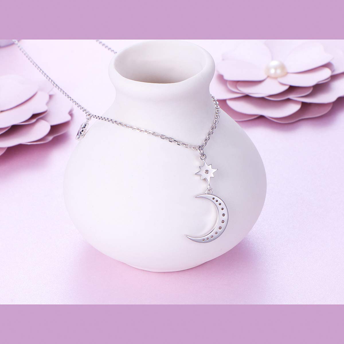 Ladytree S925 Sterling Silver Crescent Moon and Star CZ Pendant Necklace Jewelry,Rolo Chain,18 inches to 20 inches