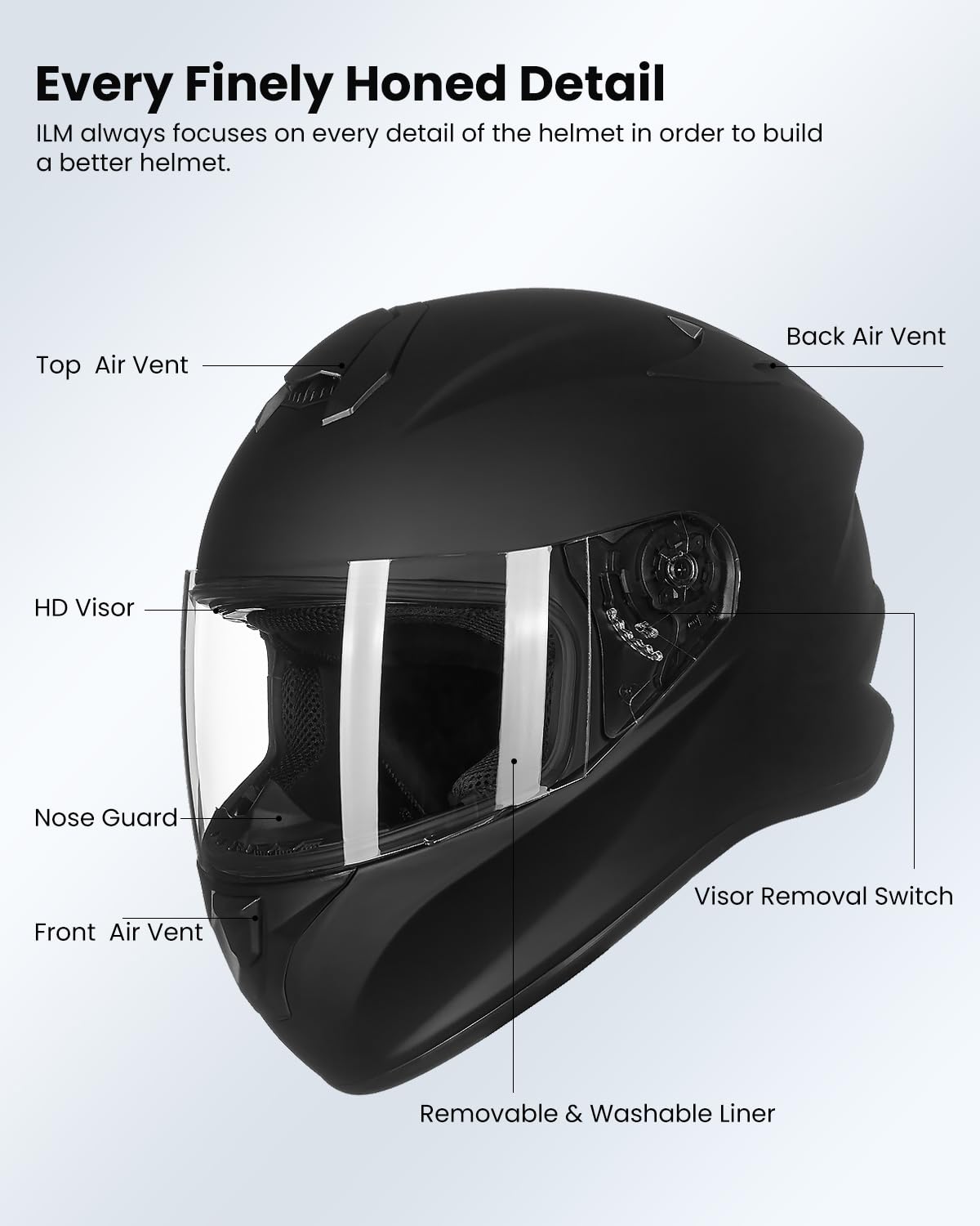 ILM Full Face Motorcycle Street Bike Helmet with Enlarged Air Vents, Free Replacement Visor for Men Women DOT Approved Model ST-06 (Matte Black, Medium)