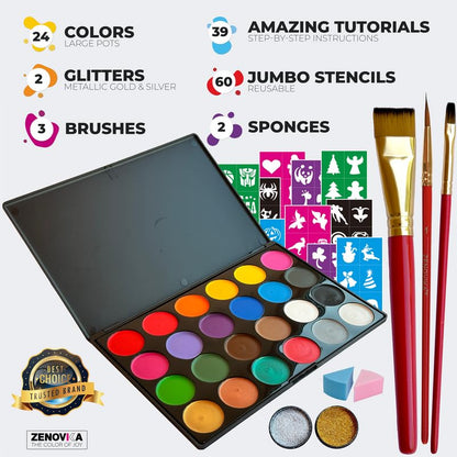 Zenovika Face Painting Kit for Kids - Non-Toxic and Hypoallergenic Face Paint Kit with 24 Colors, Stencils, Book, and Professional Halloween Makeup Kit - Safe and Easy to Use Face Paint Kit for Kids