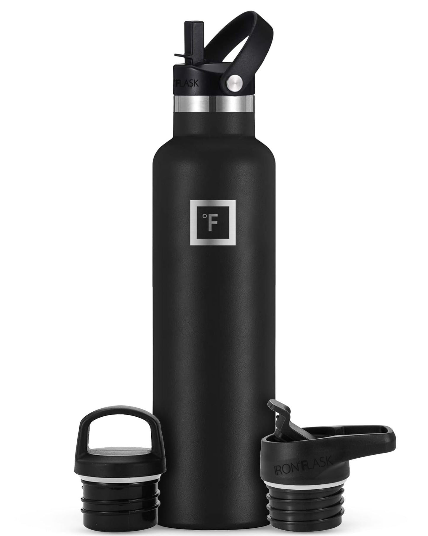 IRON °FLASK Camping & Hiking Hydration Canteens - 3 Lids (Narrow Straw Lid) Leak Proof Vacuum Insulated Stainless Steel - Hot & Cold Double Walled Sports Water Bottle - Midnight Black, 24 Oz
