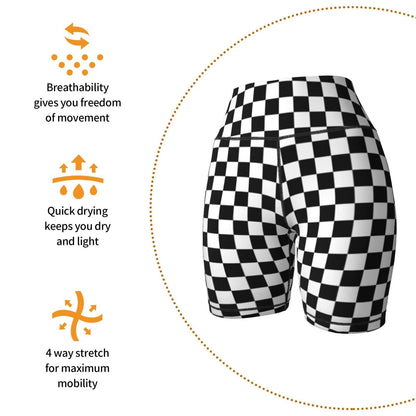 Yaateeh Checkerboard Chess Board Women's High Waist Bike Shorts for Workout Sports Athletic Running Hiking Biker Yoga Gym Medium Black