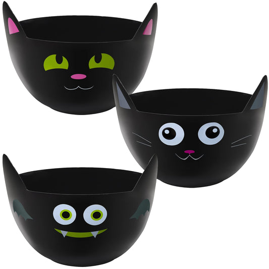 Zcaukya Halloween Party Supplies, Set of 3 Halloween Plastic Trick Treat Candy Bowls, Large Halloween Candy Holders, Black Cat Shaped Plastic Serving Bowl for Halloween Parties