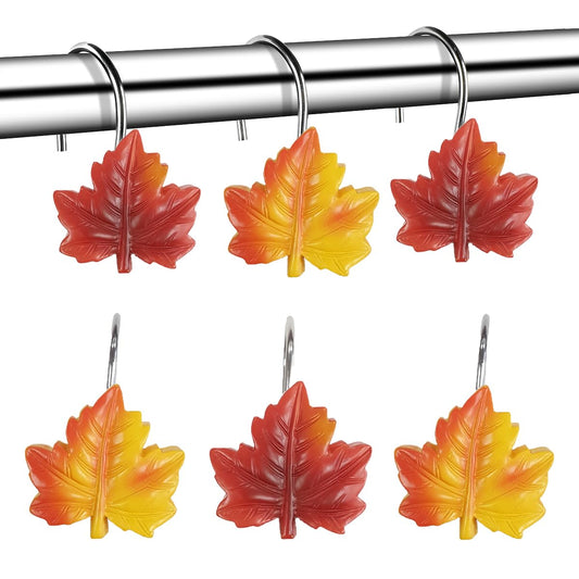 YUKUNTANG Maple Leaf Shower Curtain Hooks, 12 Pcs Fall Autumn Decorative Shower Sliding Hooks Resin Pothook Bathroom Rolling Hangers for Halloween Thanksgiving Christmas Bedroom Decor