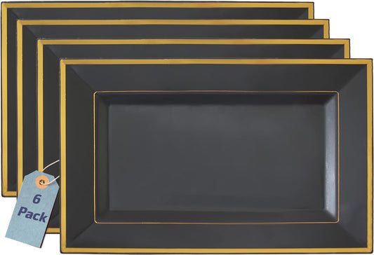 Yumchikel Black & Gold Rim Rectangular Plastic Serving Trays, 13 x 8 Inches, 6 Pack, Durable Disposable, Ideal for Food, Dessert, Cake, Drinks
