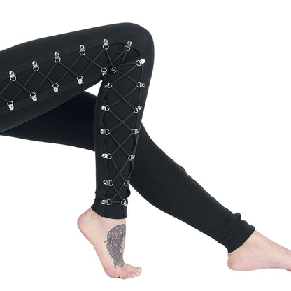 xxxiticat Women's Sexy Black Satin Side Lacing Solid Pants Long Bodycon High Waist Bandage Slim Thick Lace Up Leggings(BL,L)