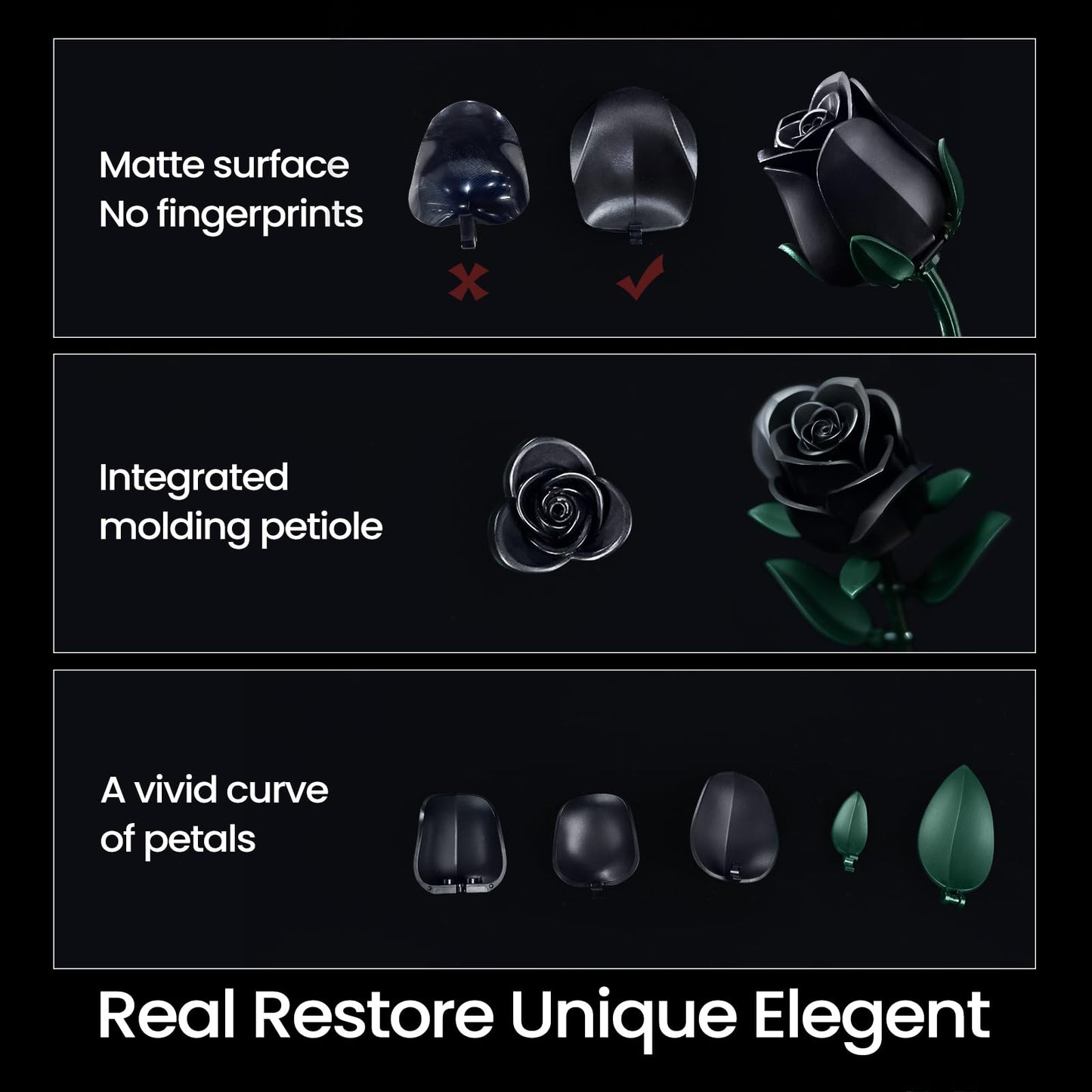 iATOM Black Roses Flower Building Set - 3Pack, Compatible with Lego Bouquet for Adults, Gift for Halloween - Gothic Horror Retro Artificial Flowers Botanical Collection Home Decor - IA11009