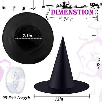 ZeeDix 12 Pcs Halloween Witch Hats, Black Hanging Witches Hat with 98 Ft Hanging Rope, Halloween Costume Accessories Party Decoration