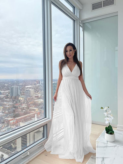 XXTAXN Women's Sexy Deep V Neck Split Cocktail Party Formal Bridesmaid Maxi Dress White