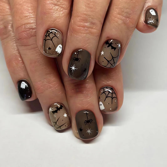 24Pcs Black Halloween Nails - Short Press On, Ghost Spider Web Bat Designs, Full Cover Square False Nails, Glue On For Women