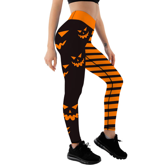 Yoga Legging Halloween Pumpkin Head Stripes Print Fashion Tummy Control Slimming High Waist Workout Pants for Gym Women's Sports DanceS