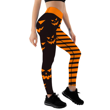 Yoga Legging Halloween Pumpkin Head Stripes Print Fashion Tummy Control Slimming High Waist Workout Pants for Gym Women's Sports DanceS