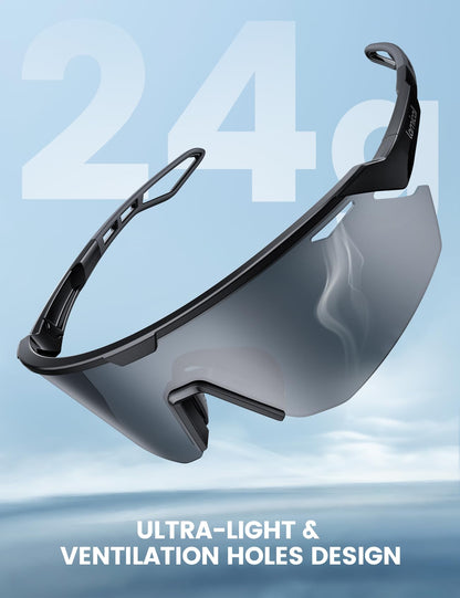Lamicall Polarized Sports Sunglasses for Men Women, [24g Ultralight] [Adjustable Nose Pad] UV400 Protection Sun Glasses for Cycling Running Baseball Fishing Golf Beach Volleyball, Half Frame, Black