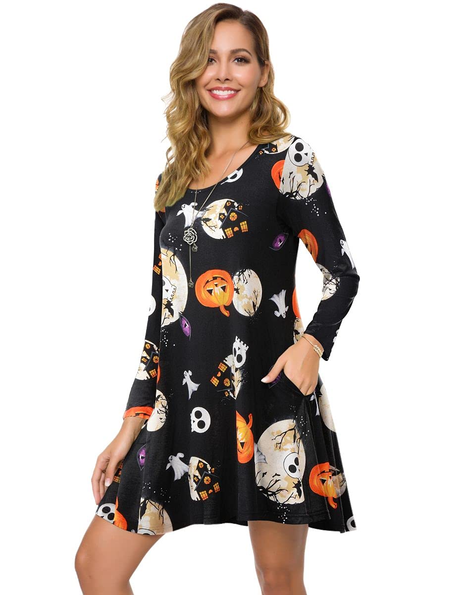 ZENNILO Women's Loose Fit Casual Swing Halloween T-Shirt Dress with Pockets(Flower42,M)