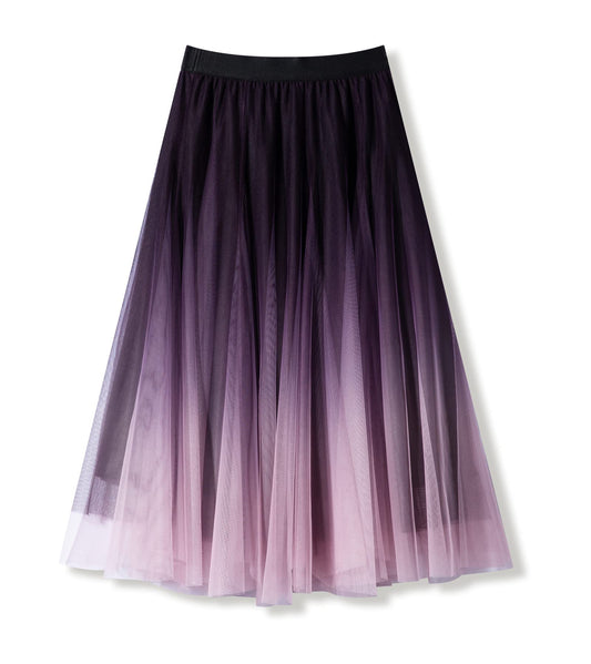 Women’s Tulle Skirts Midi Elastic High Waist Pleated Mesh Flowy A-Line Party Long Tutu Skirt Gradient Purple