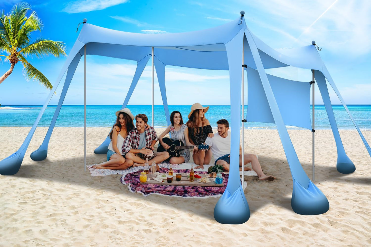 Large Beach Canopy UPF80+ Uv Protection Beach Tents Sun Shelter, Beach Shade Canopy with 8 Sandbags, 4 Stability Poles, Sand Shovel Ground Pegs for Outdoor Camping, Picnics (10x10ft, Sky Blue)