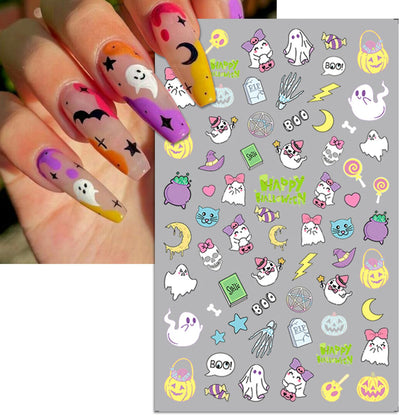 IDDFEVE Halloween Nail Art Stickers, Gradient Pumpkin, Horror Mask Nail Decals, 3D Self-Adhesive Spider-Web Bat Design for DIY Nail Supplies Decoration (5 Sheets)