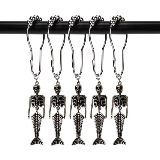 ZILucky 12Pcs Mermaid Skeleton Shower Curtain Hooks Halloween Decorative Home Bathroom Decor Rustproof Skeletons Shower Curtain Rings (Mermaid Skull Silver)