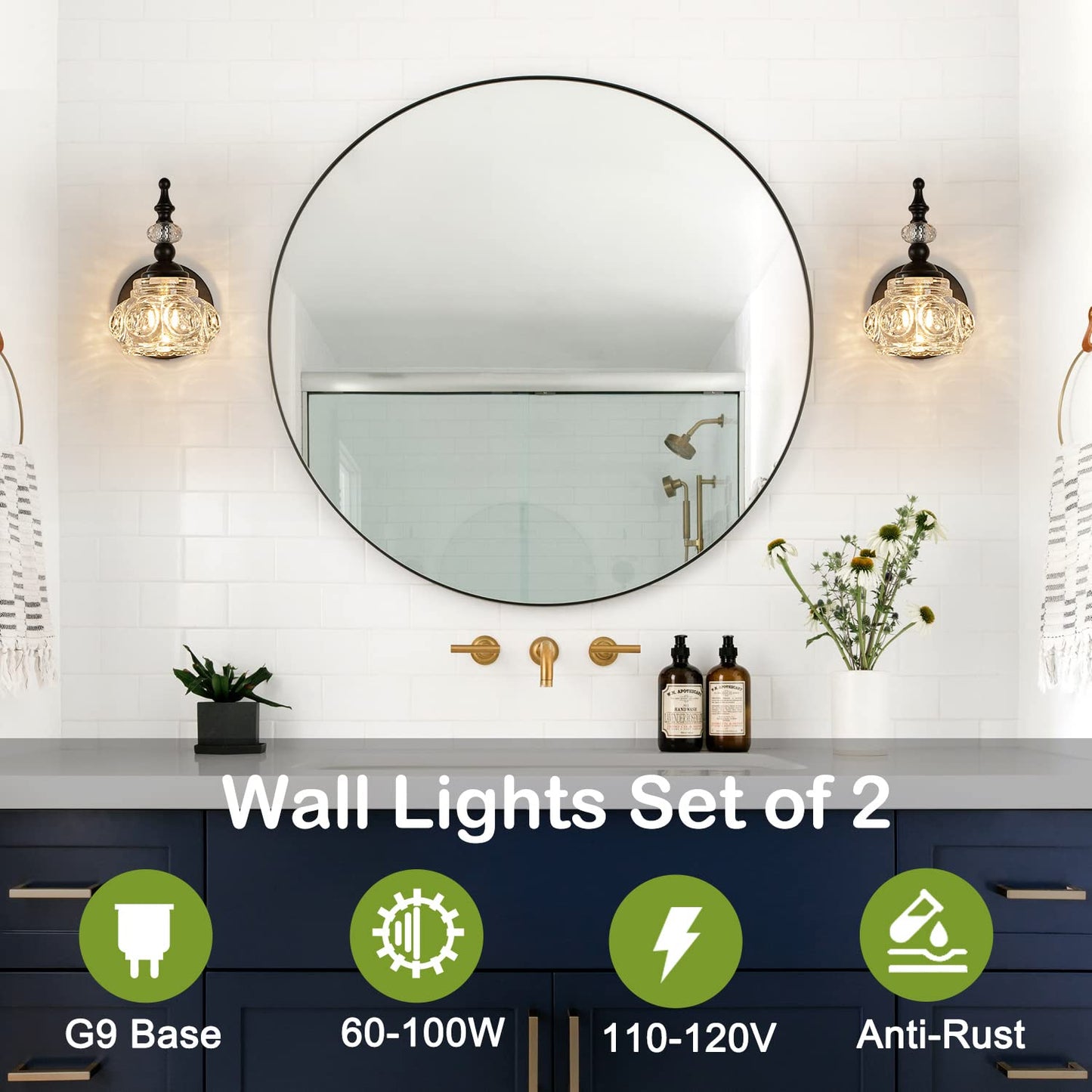 ZILANL 2-Pack Wall Sconces Black Bathroom Vanity Lighting Fixtures Black Wall Light with Glass Shade, Rust-Proof and Durable, Wall Lamp Using G9 Bulbs for Bedroom, Bathroom, Living Room