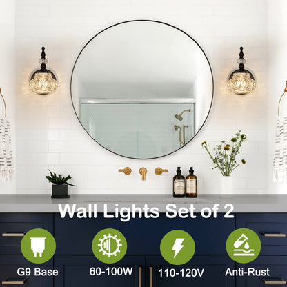ZILANL 2-Pack Wall Sconces Black Bathroom Vanity Lighting Fixtures Black Wall Light with Glass Shade, Rust-Proof and Durable, Wall Lamp Using G9 Bulbs for Bedroom, Bathroom, Living Room