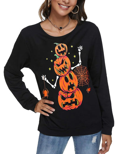 zarmfly Halloween Sweatshirts for Women Pumpkin Skeleton Shirts Long Sleeve Funny Pumpkin Graphic Halloween Tops M 8111