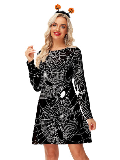 Womens Spiderweb Dress Halloween A-Lined Flare Holiday Dress with Pocket XL