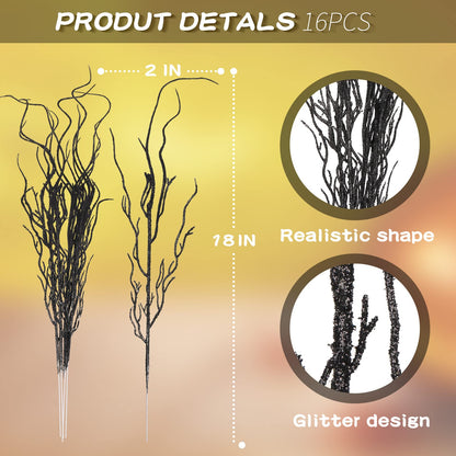 Yunsailing 16 Pcs Halloween Branches Decor for Tree 18 Inch Artificial Curly Willow Branch Lifelike Twigs and Faux Branches for Vases Fake Tree Stem for Home Party Decoration (Black)