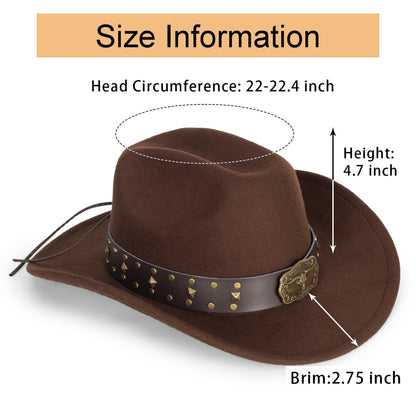 Womens Western Cowboy Hats Studded Pinched Western Cowgirl Hats Wide Brim Fedoras Hat with Belt Buckle (Size:Medium) Brown