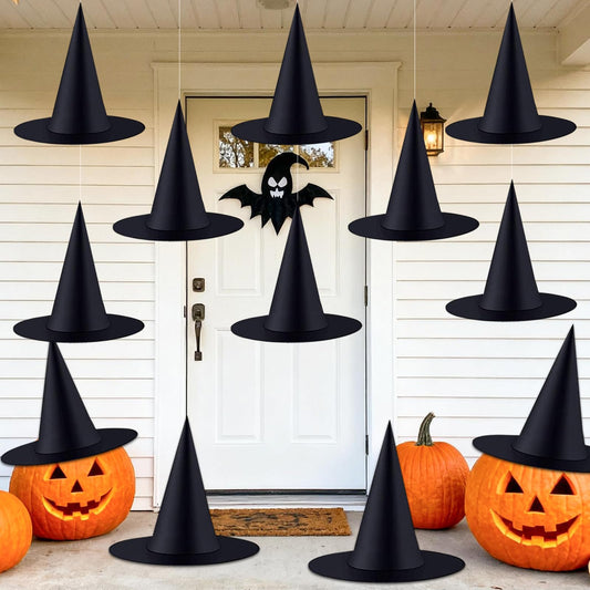ZeeDix 12 Pcs Halloween Witch Hats, Black Hanging Witches Hat with 98 Ft Hanging Rope, Halloween Costume Accessories Party Decoration