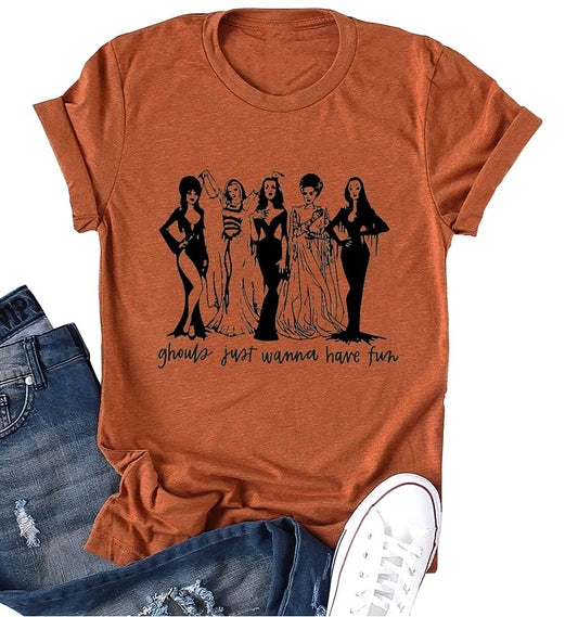 Ykomow Ghouls Just Wanna Have Fun Shirt Womens Vintage Halloween Golden Ghouls Graphic Tees (A-Orange, M)