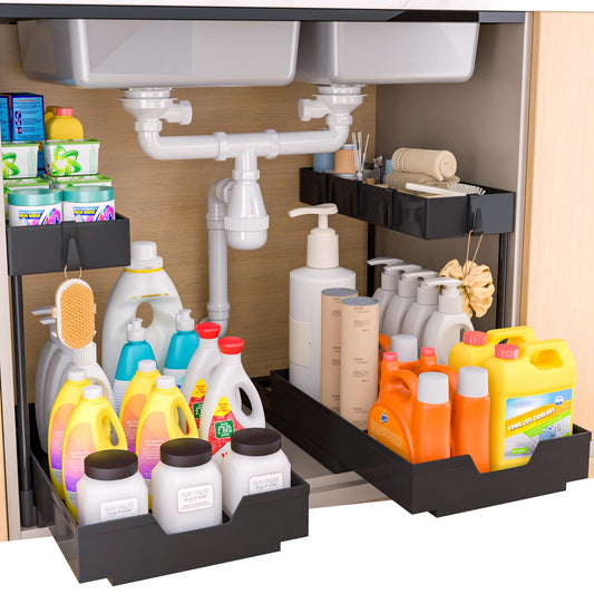 2-Tier Under Sink Organizers 2 Pack Sliding L-shape Cabinet Organizers Narrow Space Storage Shelves Multi-purpose Sink Organizer Baskets with 4 Hook for Kitchen Bathroom Drawer, Black