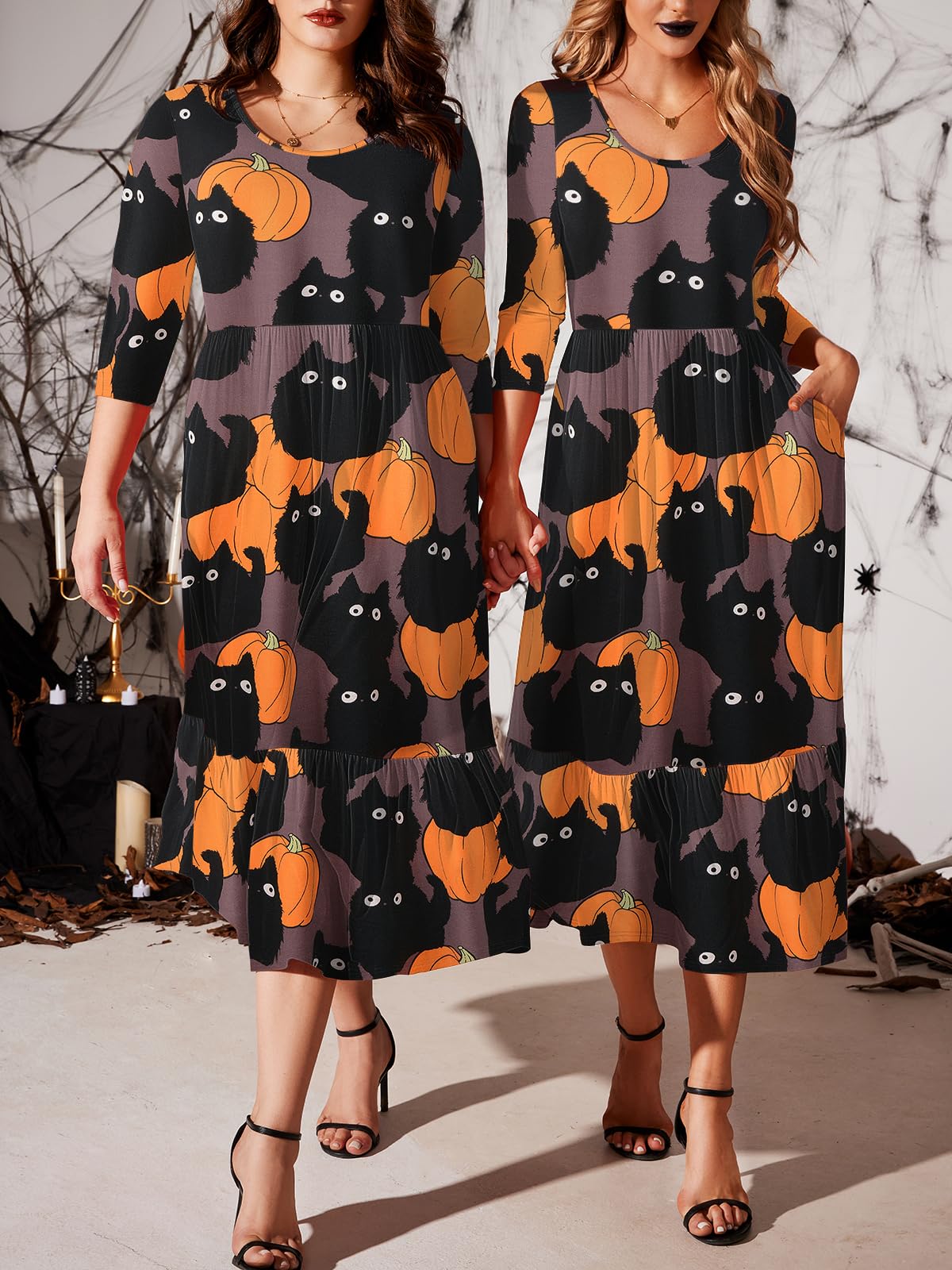 LARACE Halloween 3/4 Sleeve Dresses for Women Plus Size Casual Long Maxi Fall Winter Dress with Pockets(Halloween Pumpkin Cat 2X)