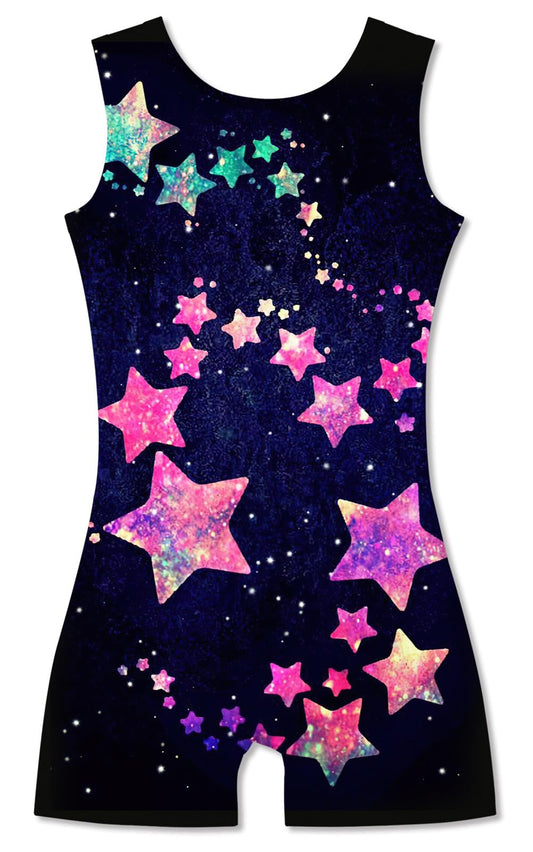 Idgreatim Girl's Starry Gymnastics Outfits Sparkly Galaxy Print Biketards Leotards with Shorts Athletic Activewear Bodysuits for Ballet Dance