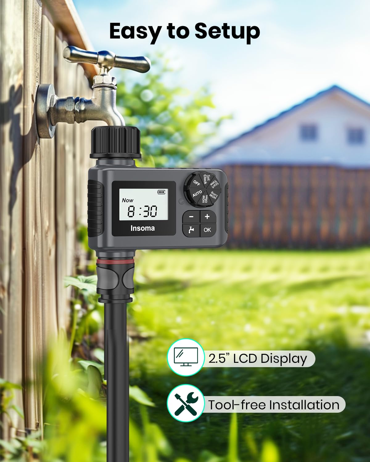 Insoma Outdoor Garden Hose Faucet Timers, Programmable Water Sprinkler Timer with Rain Delay/Manual/Automatic Drip Irrigation and Lawn Watering System for Yard, 1 Outlet