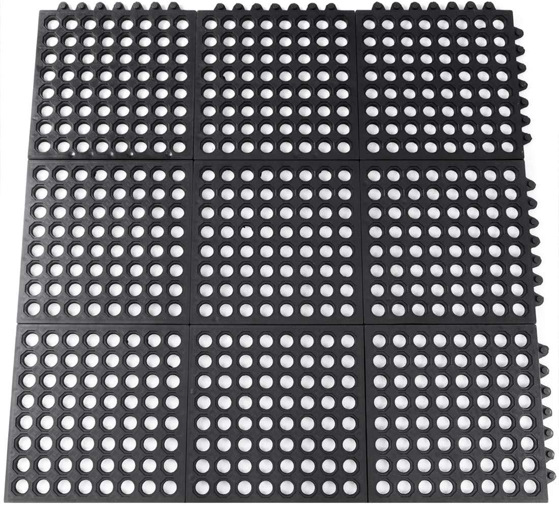 Interlocking Rubber Mats for Floor Anti Fatigue Kitchen Mats 9 Pack 11.8" x 11.8" Modular Rubber Interlocking Floor Tiles, Pool Balcony Patio Yard Pet Area Use Restaurant Rubber Bar Floor Mat Black