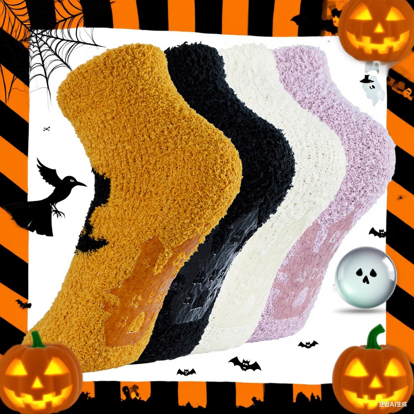 Zando Women's Fuzzy Halloween Socks - Soft, Warm, Non-Slip, Elastic, Cozy, Fluffy Socks With Ghost Print