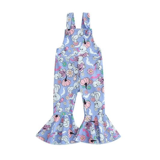 YOKJZJD Toddler Baby Girl Halloween Outfit Pumpkin Ghost Suspender Romper Jumpsuit Overalls Bell Bottom Pants Fall Clothes (Purple, 2-3 Years)