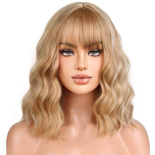 WTHCOS Brown Mixed Blonde Wigs for Women Girls Short Bob Wig blonde Wig Short Curly Wavy Blonde wig With Bangs Heat Resistant Synthetic Wigs for Cosplay Costume Party