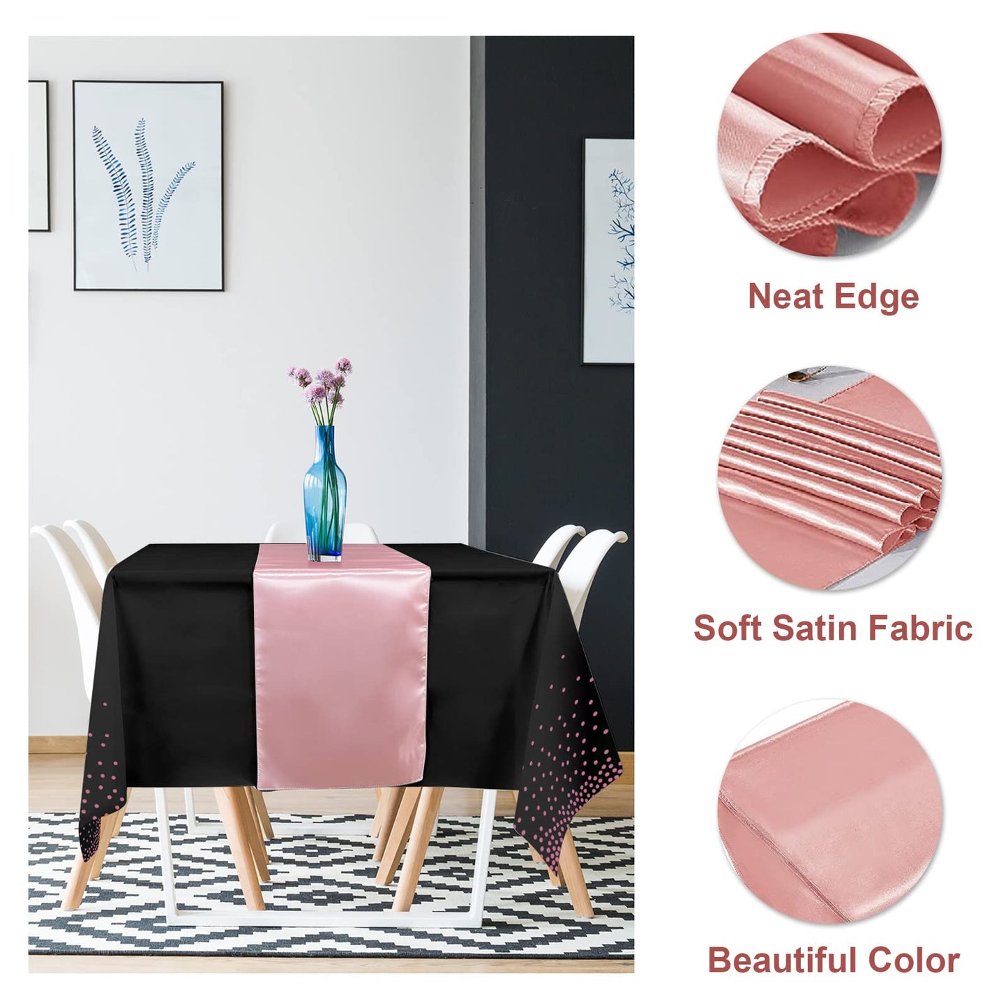 24Pack Disposable Plastic Tablecloth and Satin Table Runner Black and Rose Gold Dot Tablecloth Rose Gold Satin Table Runner for Wedding Birthday Baby Shower Anniversary Christmas New Year Party Supply