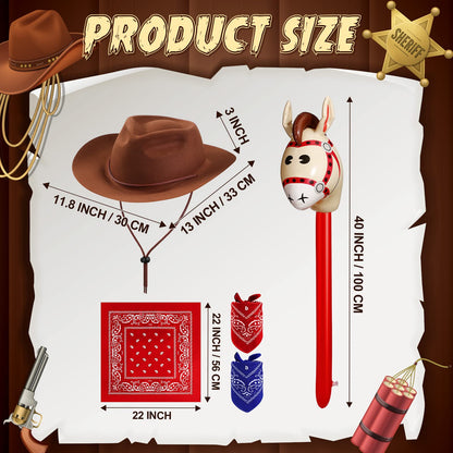 Xtinmee 36 Pcs Cowboy Party Costume Set, Cowboy Hats Paisley Bandanas Inflatable Stick Horses Kids Halloween Party Supplies(Classic Style,Brown)