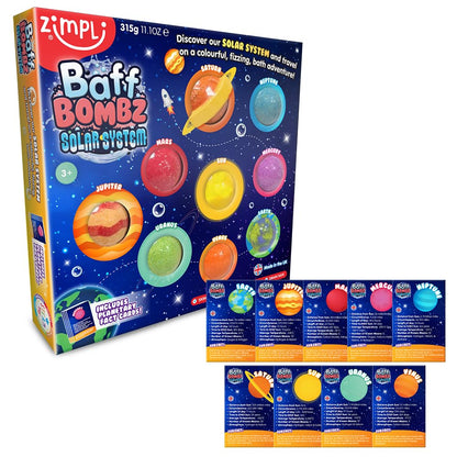 Zimpli 9 x Solar System Bath Bombs Gift Set, 9 x Planetary Fact Cards, Educational Planet Bath Bombs for Children, Science Kits for Boys & Girls, Bath Toy Birthday Presents