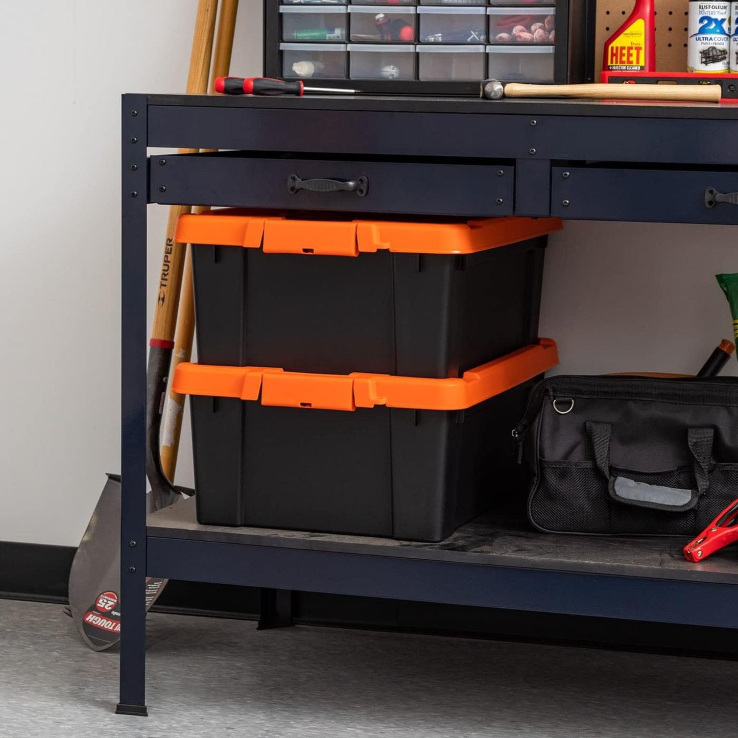 IRIS USA 12 Gallon Lockable Storage Bins with Lids, 2 Pack - Made in USA, Heavy Duty, Stackable Containers, Garage Organizing Bins Moving Tubs, Rugged Sturdy Equipment Utility Box - Black/Orange